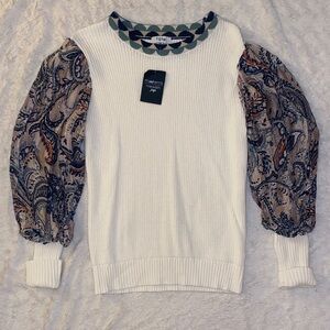 NWT Fate White Sweater with Multi-Color Paisley Statement Sleeves